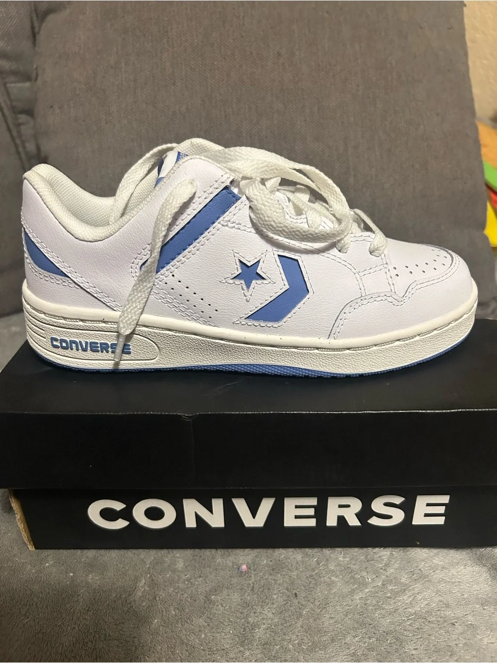 Converse Kids White Leather Sneakers with Light Blue Accents